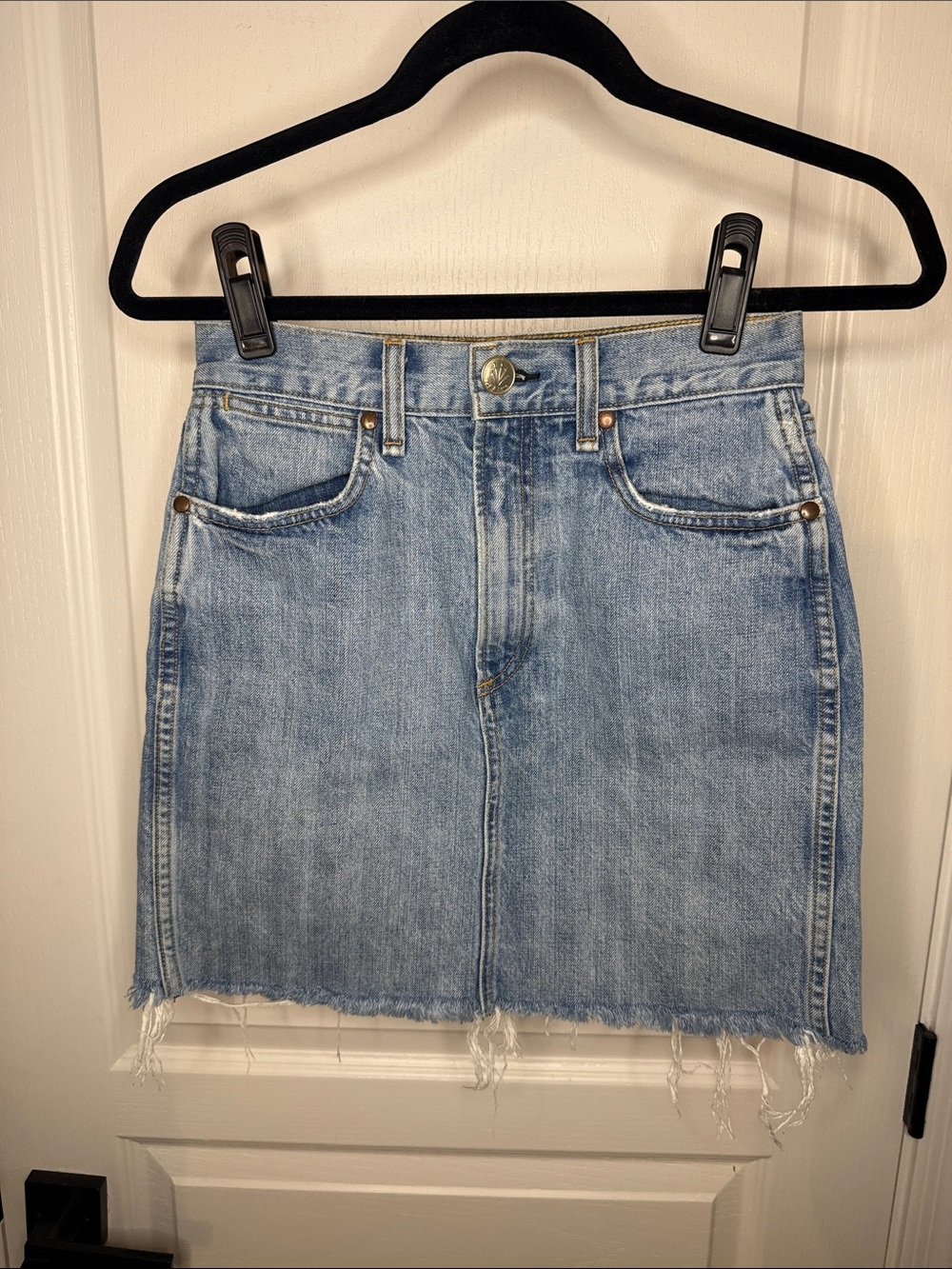 rag & bone Light Wash Denim Mini Skirt with Frayed Hem